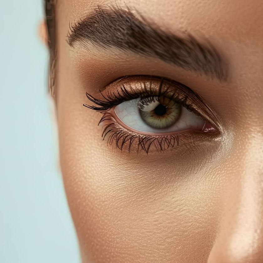 Gros plan sur un œil noisette aux longs cils, au maquillage léger et aux sourcils soignés, sur un fond bleu clair.