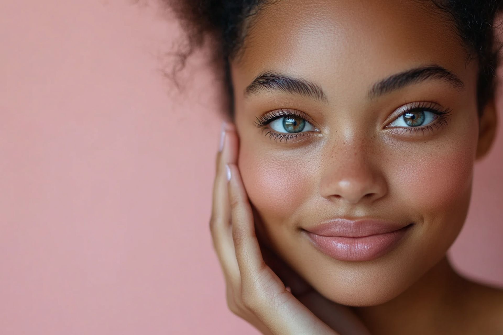Portrait en gros plan d'une femme souriante, la main sur la joue, sur fond rose.