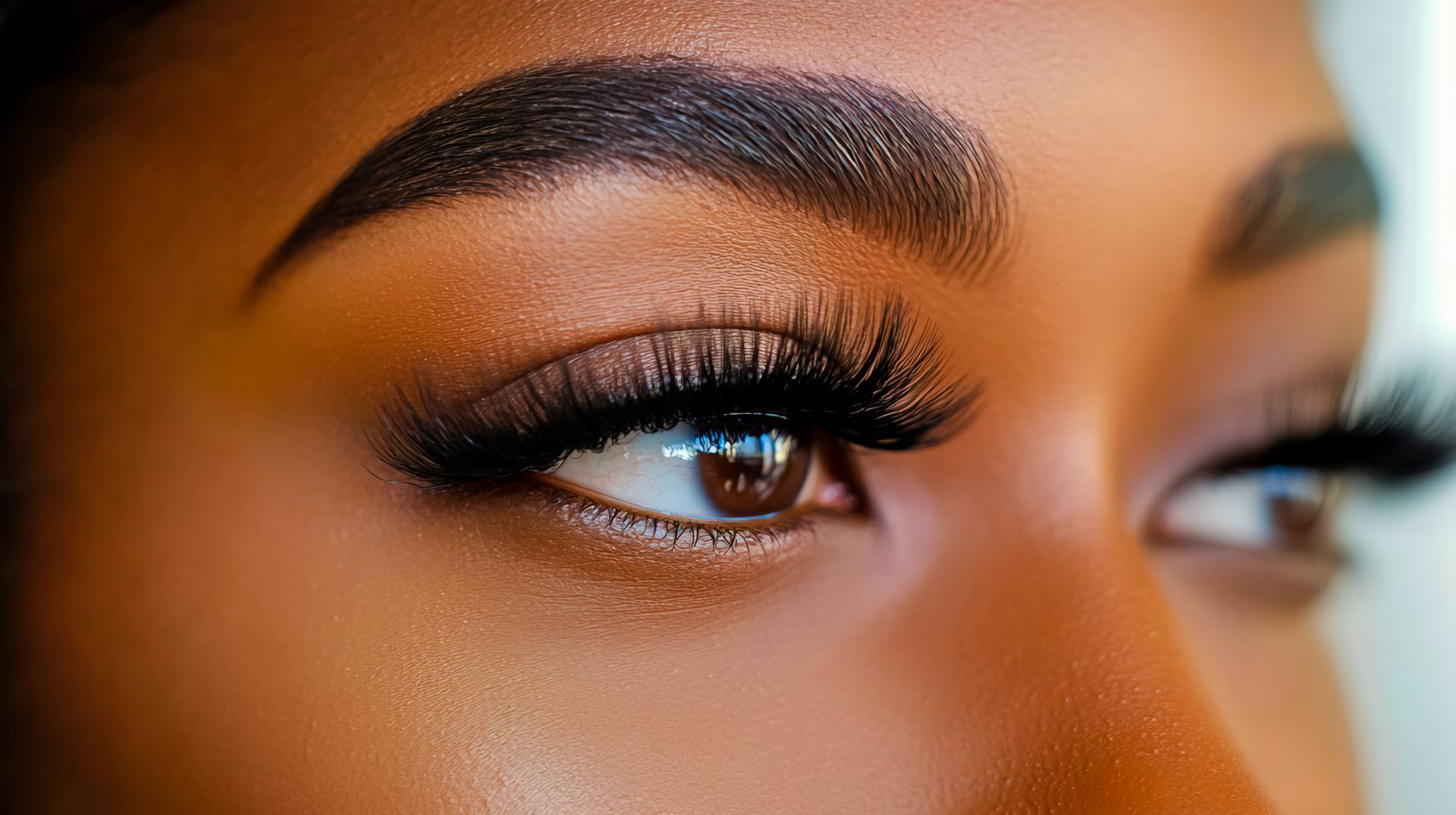 Gros plan sur les yeux d'une personne aux longs cils, aux sourcils bien dessinés et au maquillage léger.