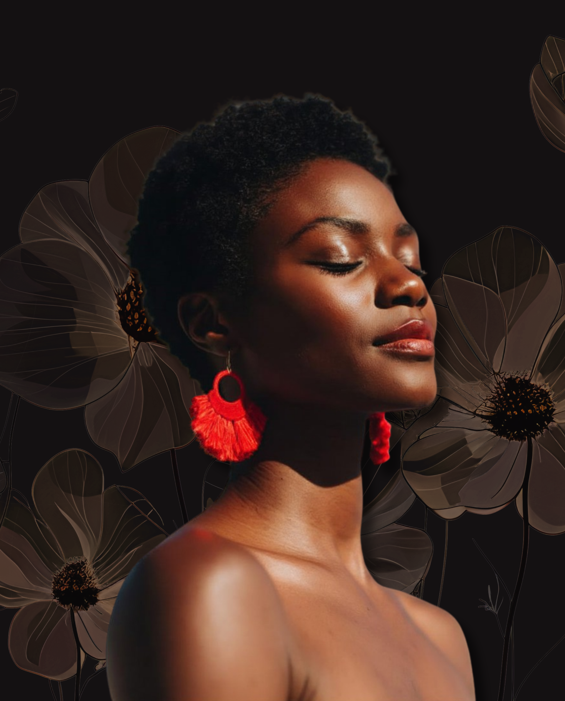 Portrait d'une femme aux yeux fermés, portant des boucles d'oreilles rouges sur un fond floral sombre.