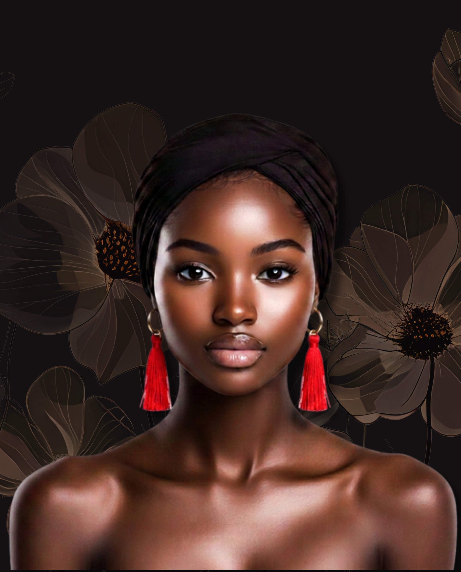Portrait d'une femme portant des boucles d'oreilles rouges sur un fond floral sombre.