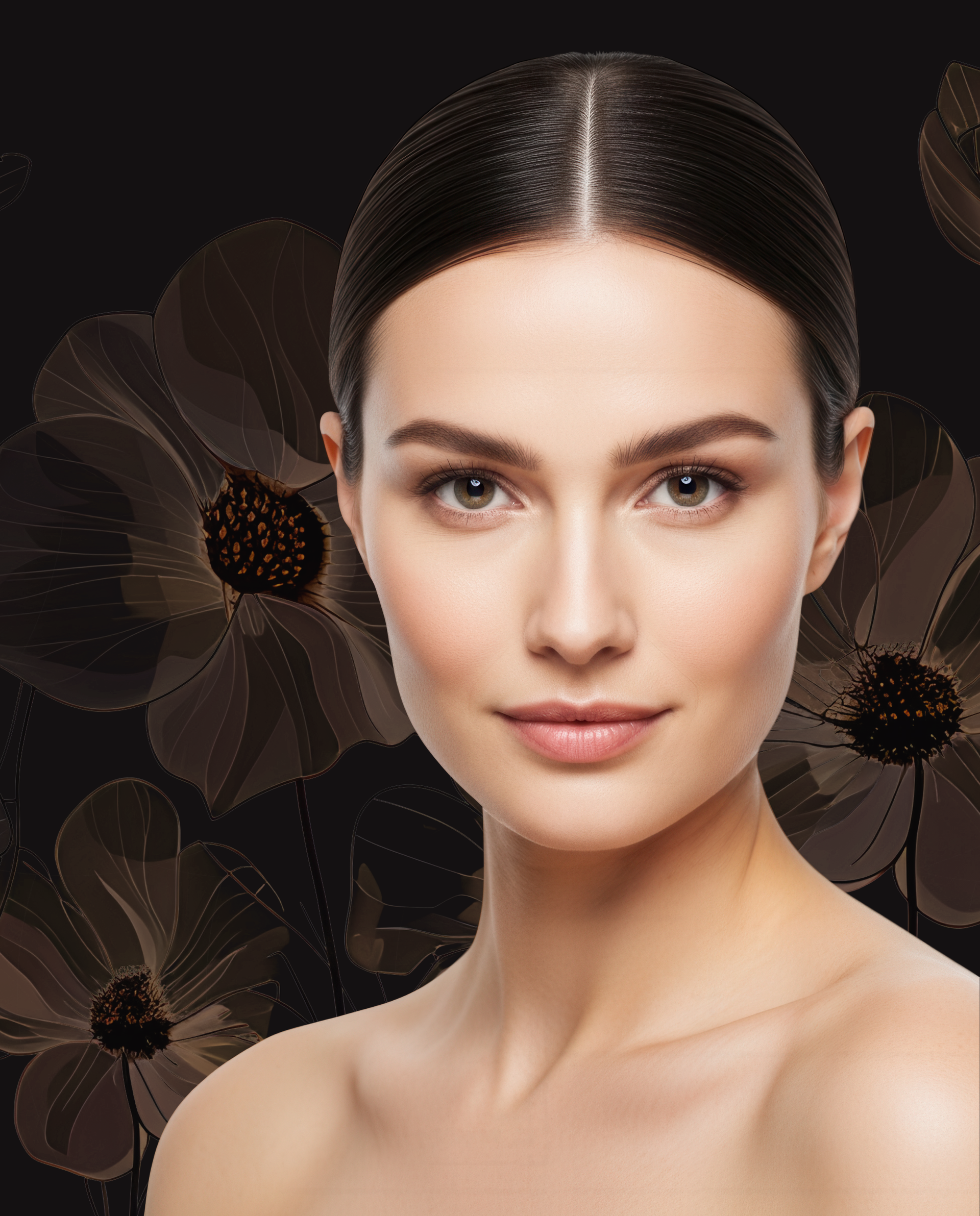 Portrait d'une femme aux cheveux plaqués en arrière sur un fond floral sombre.