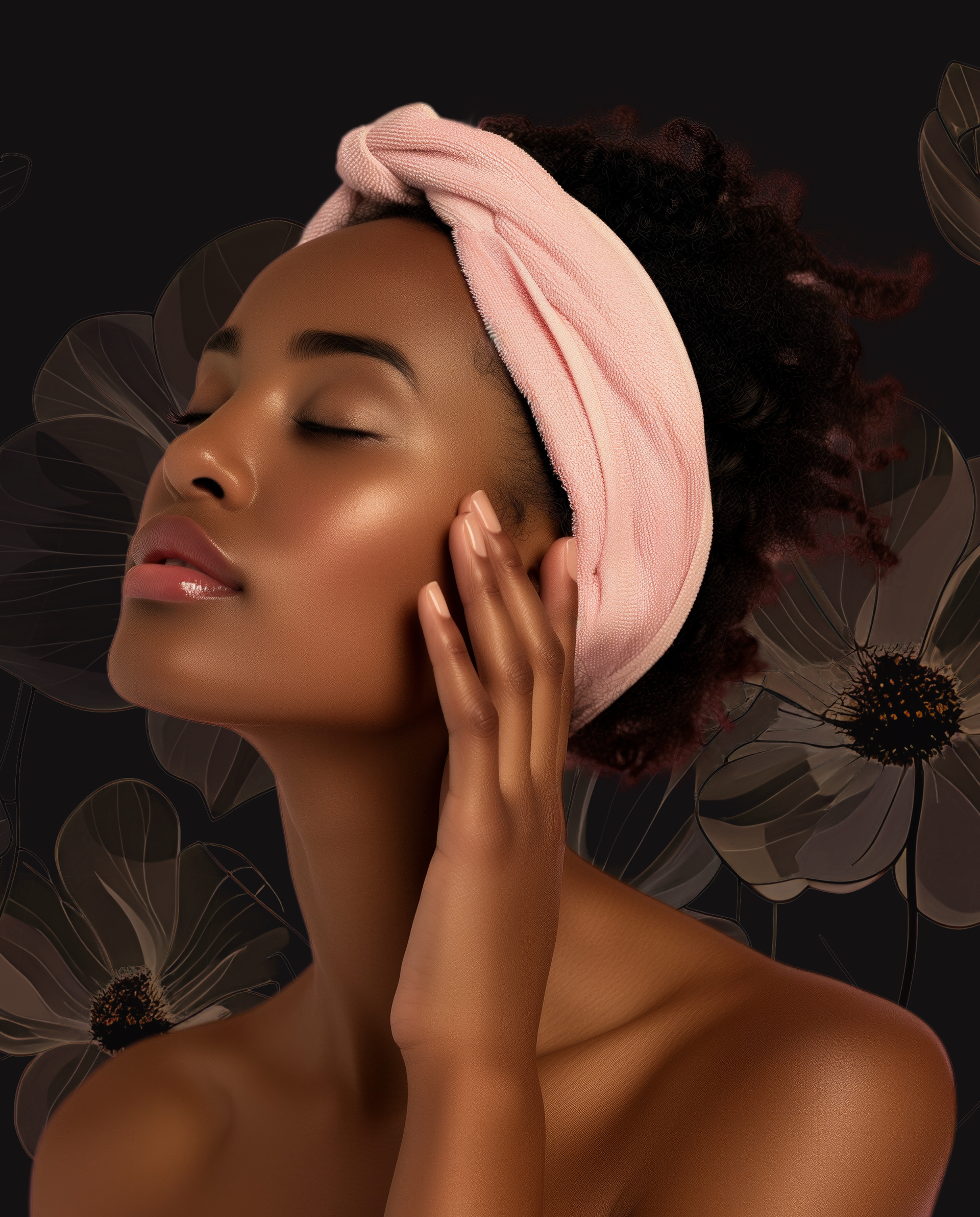Femme portant un bandeau rose touchant délicatement son visage sur un fond floral sombre.