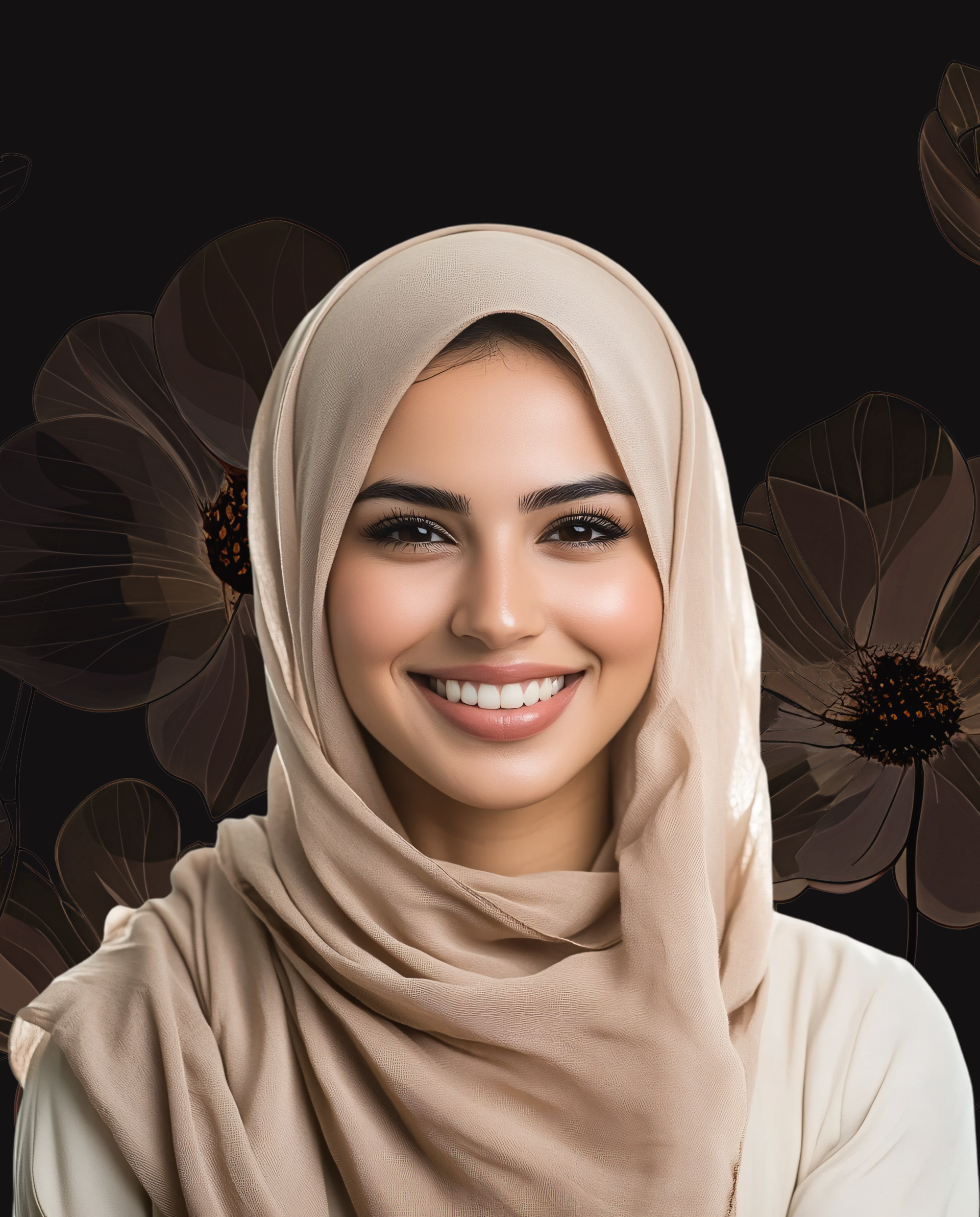 Femme souriante portant un hijab beige sur fond floral sombre.