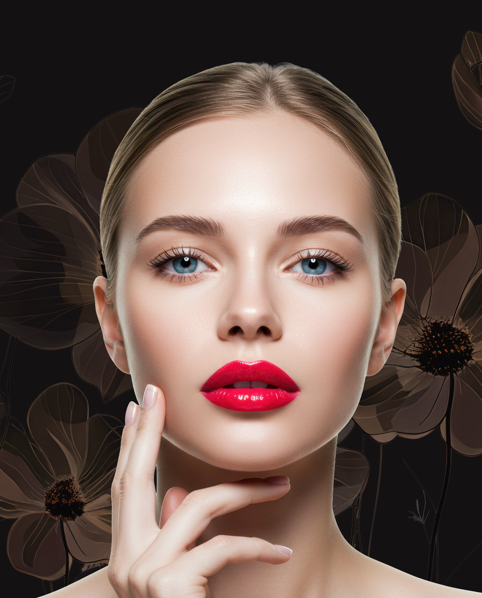 Portrait en gros plan d'un mannequin aux lèvres rouges brillantes, aux yeux bleus et à la main posée près du visage.