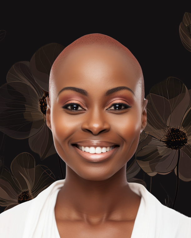 Personne chauve souriante en chemise blanche sur fond floral sombre.