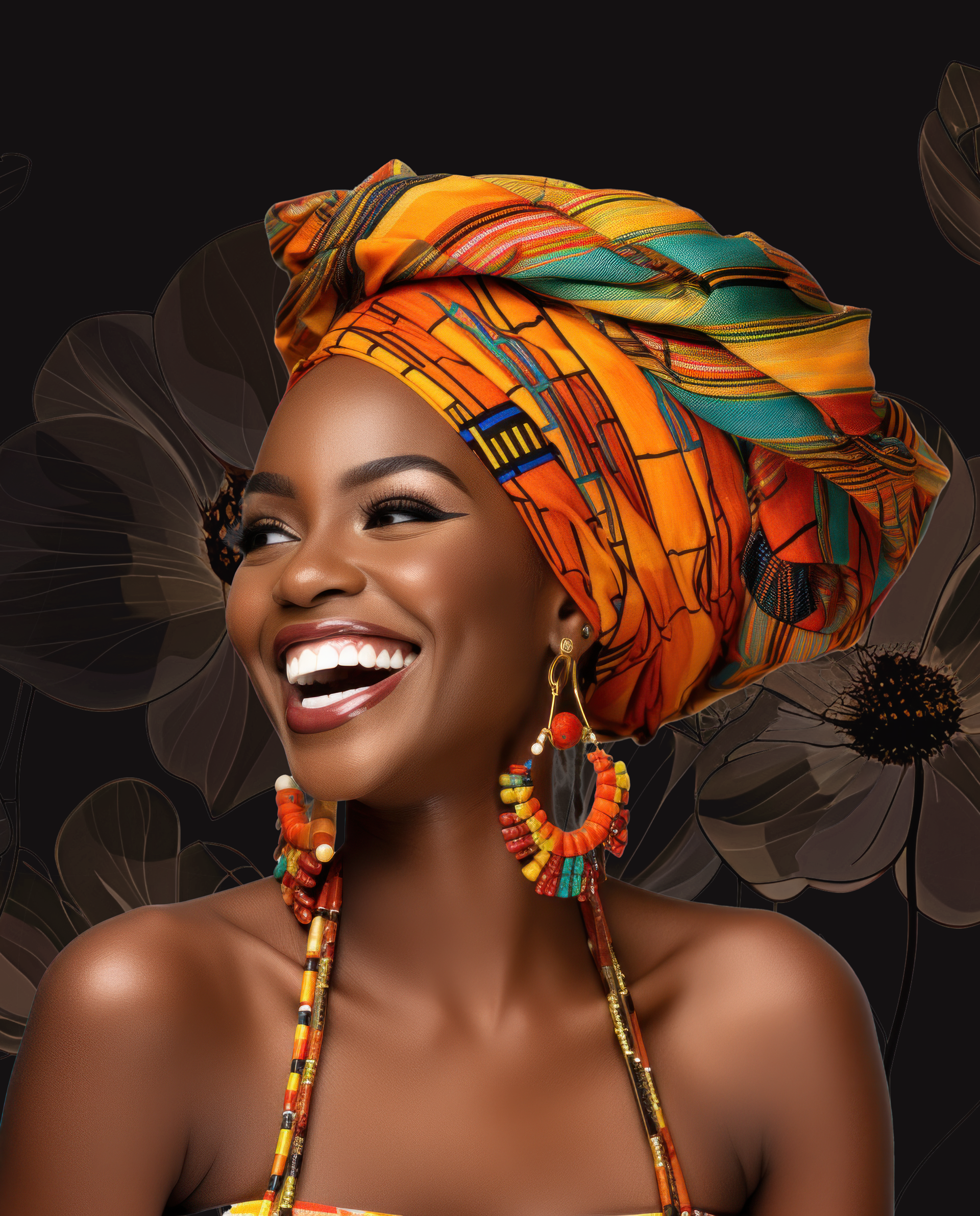 Femme souriante portant un foulard orange vif à motifs et des boucles d'oreilles assorties sur un fond floral sombre.