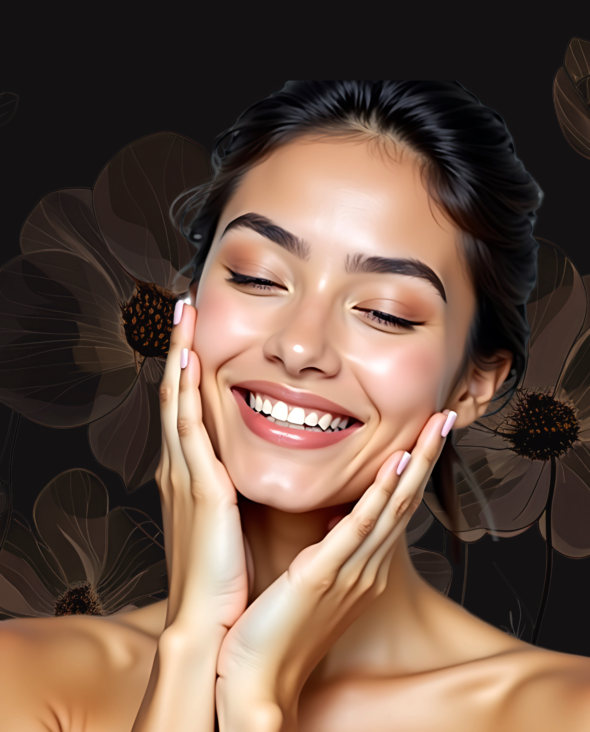 Femme souriante, les yeux fermés, touchant doucement son visage sur un fond floral sombre.