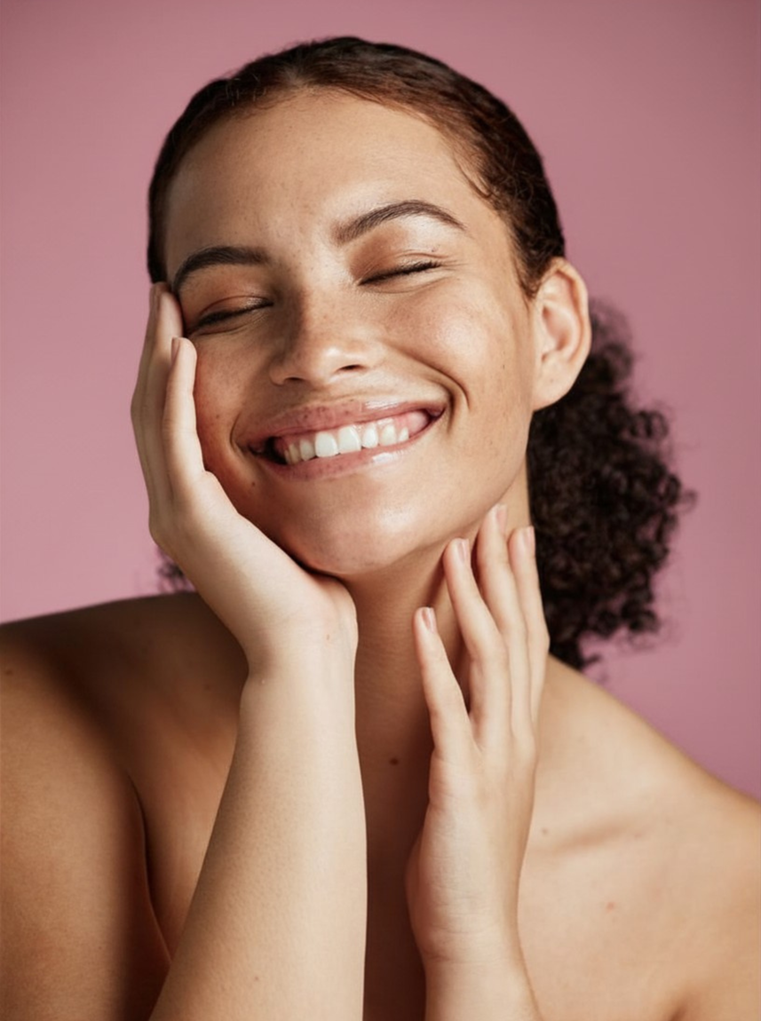 Personne souriante, les yeux fermés, se touchant le visage sur fond rose.