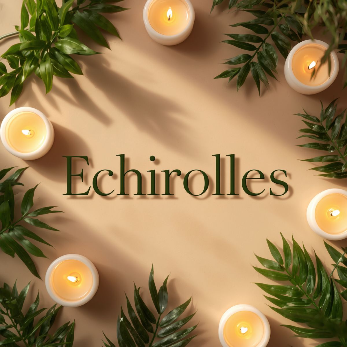Le texte Échirolles est entouré de bougies et de feuilles vertes sur un fond beige.