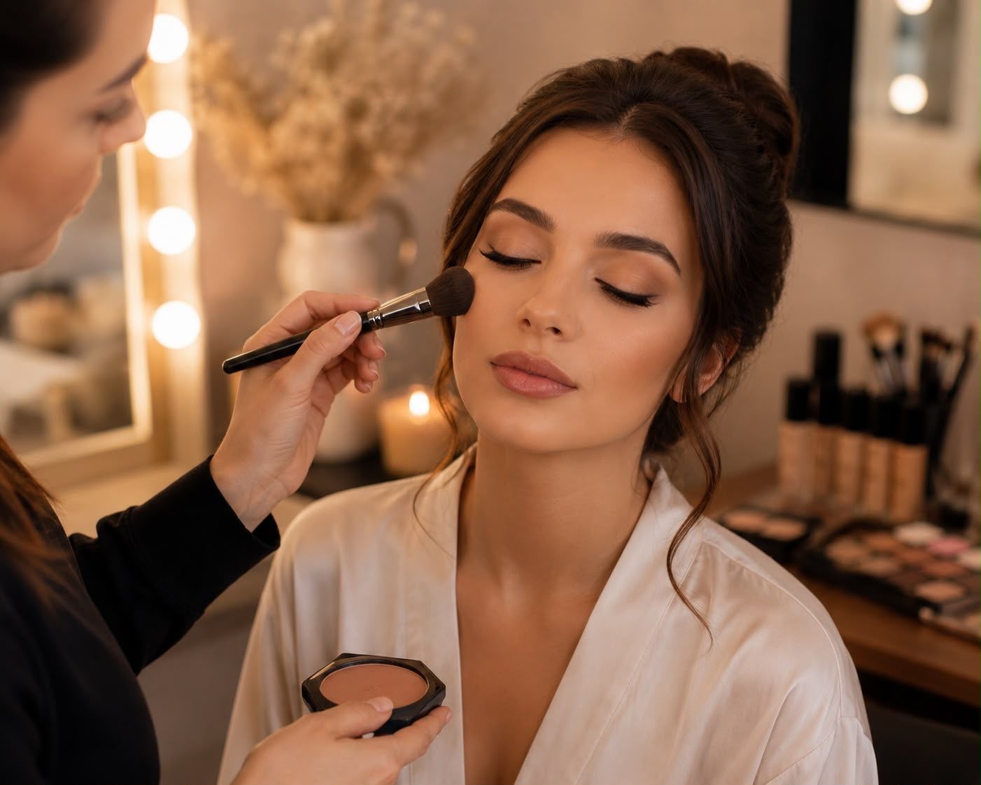 Une femme applique du maquillage avec un pinceau