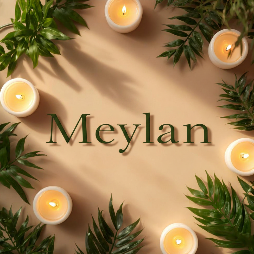 Le texte Meylan est entouré de bougies allumées et de feuilles vertes sur un fond beige chaud.