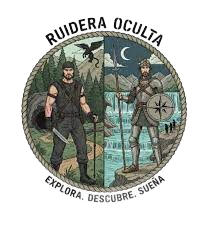 Emblema de dos caras. Izquierda: hombre con cuchillo, monta&ntilde;a y cueva. Derecha: caballero con lanza, cascada y luna.
