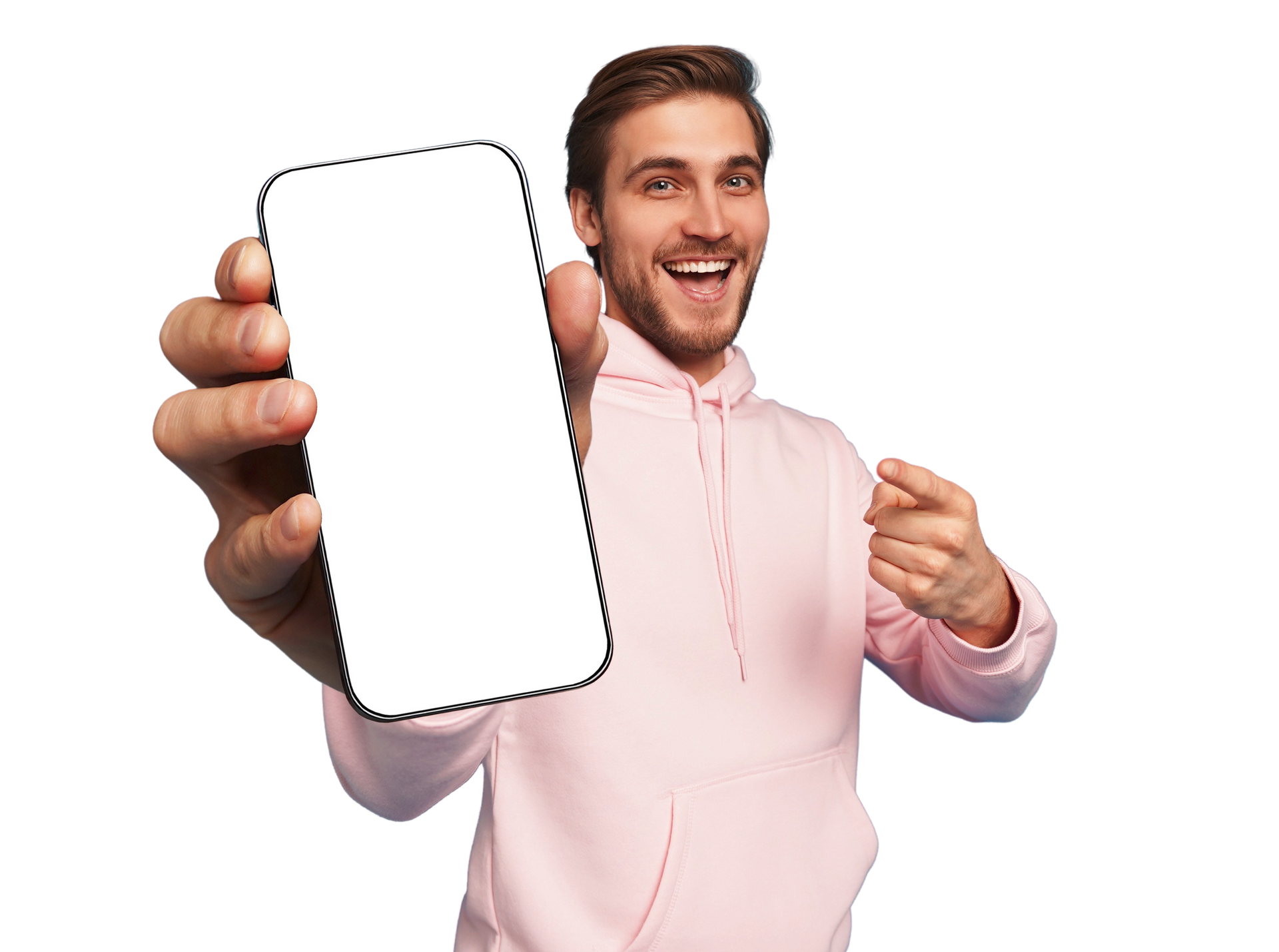 Un jeune homme habillé en sweet de couleur rose tend son téléphone