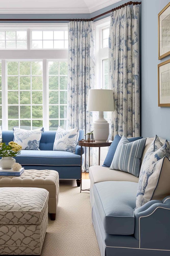 Una sala de estar con muebles azules y blancos y una gran ventana.