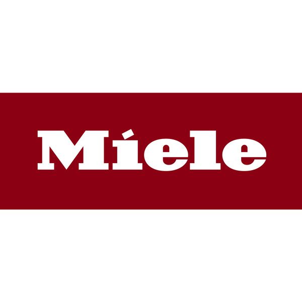 Logotipo de Miele: texto blanco "Miele" sobre un fondo rectangular rojo.