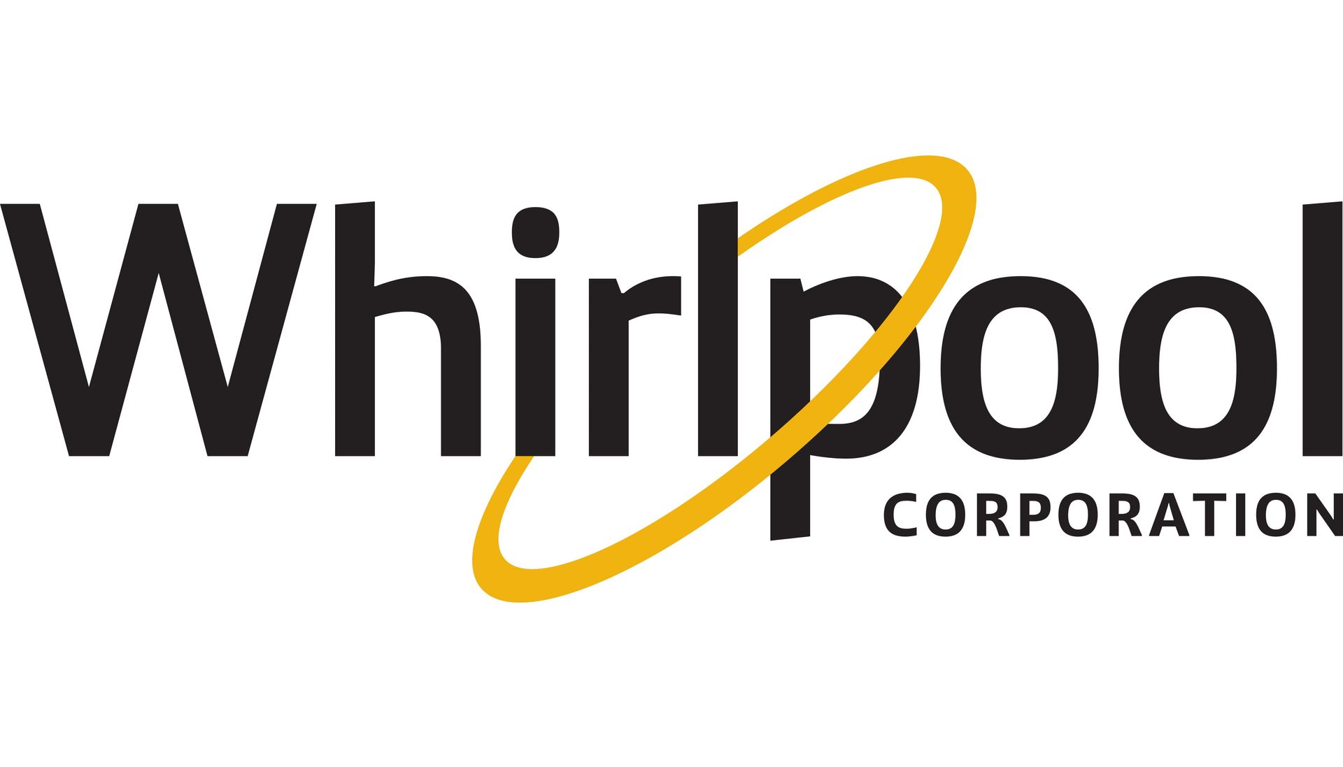Logotipo de Whirlpool Corporation: texto negro con un óvalo amarillo alrededor de la "piscina" y la palabra "CORPORATION" debajo.
