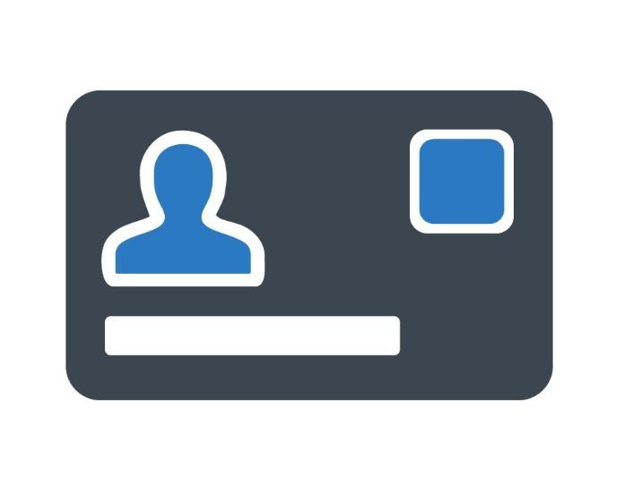 Ícono de tarjeta de identificación azul y blanca con silueta de persona y cuadrado.
