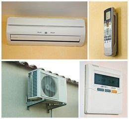 Componentes del sistema de aire acondicionado split: unidad interior, unidad exterior, control remoto y termostato de pared.