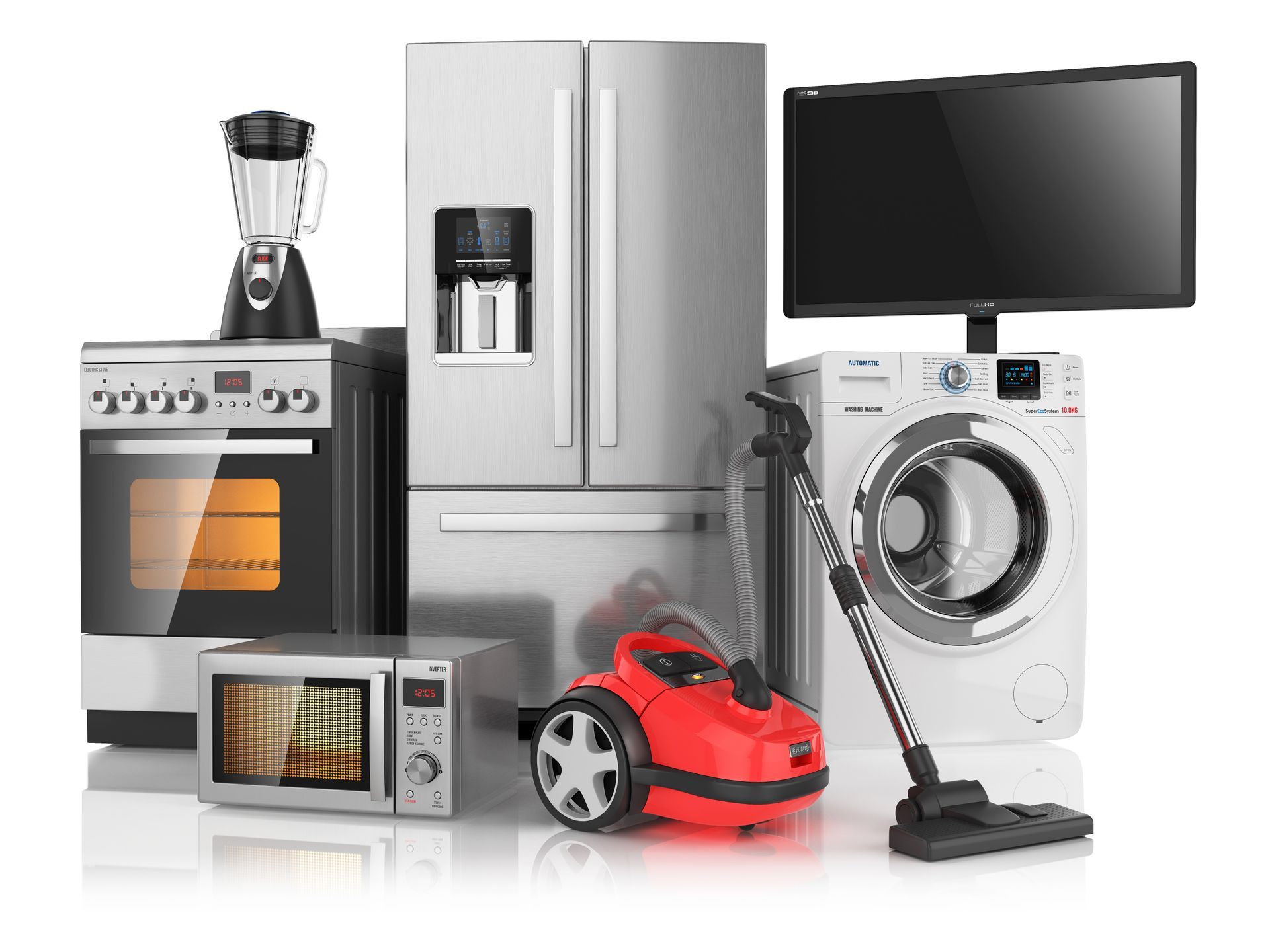 Surtido de electrodomésticos: frigorífico, horno, microondas, batidora, TV, lavadora y aspiradora.