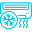 Icono azul de un acondicionador de aire con un copo de nieve, soplando aire fresco.