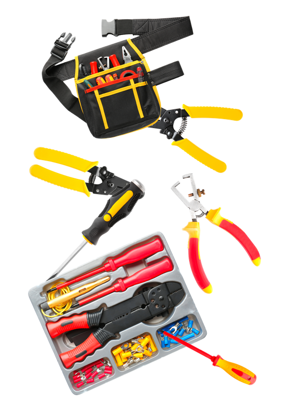 Un kit d'outils électriques comprenant une pochette de ceinture, diverses pinces, des tournevis, des outils de sertissage et des connecteurs de fils assortis.