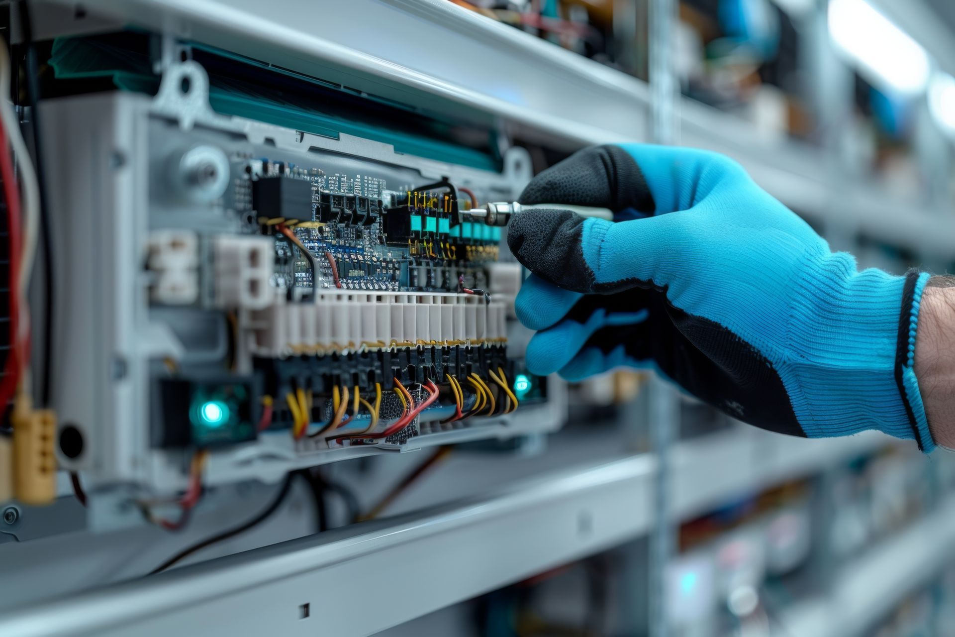 Une main gantée utilise un outil pour travailler sur le câblage et le circuit imprimé d'un panneau de commande industriel.