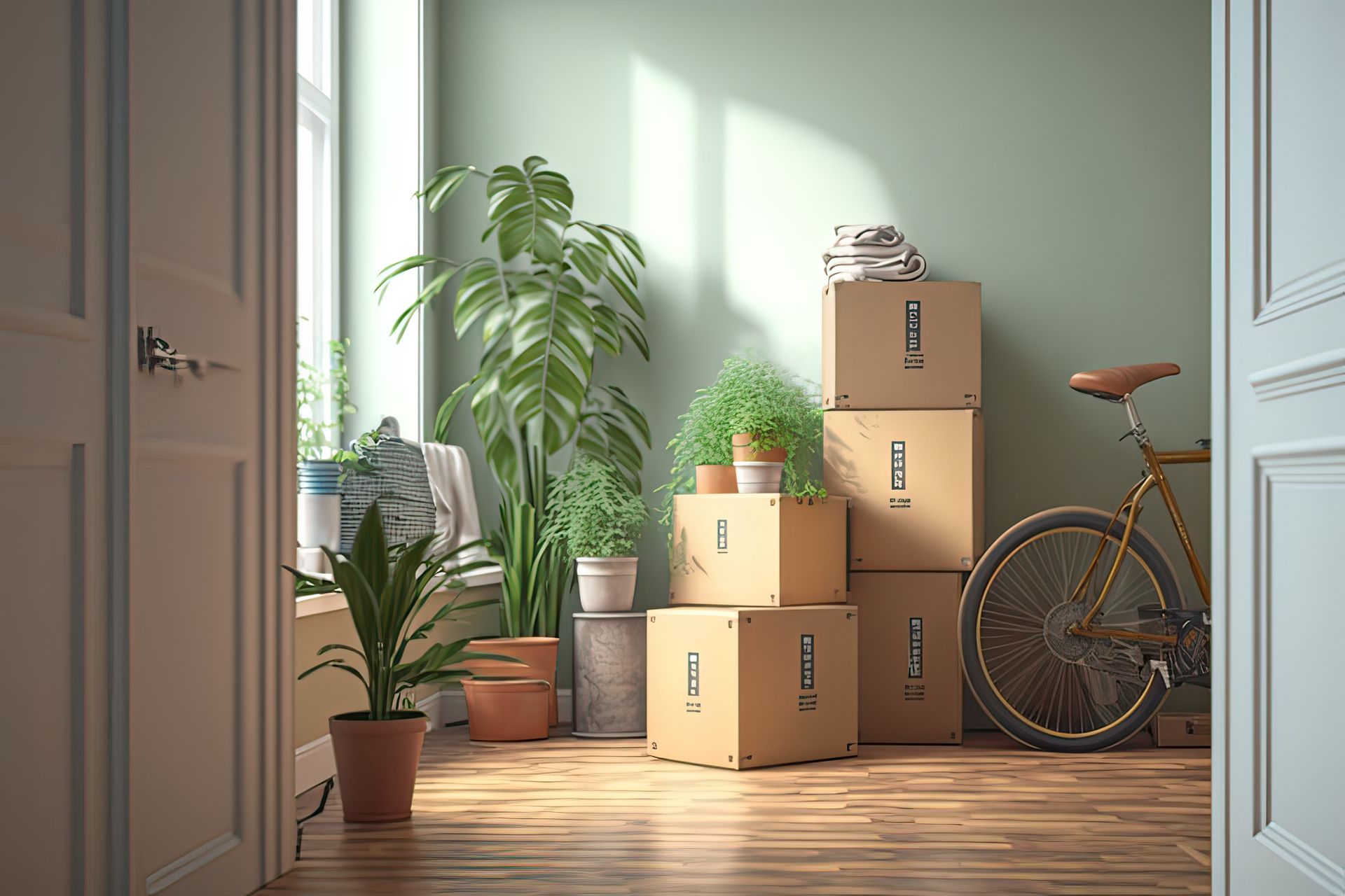 Cartons et des affaires personnelles dans une entrée d'appartement