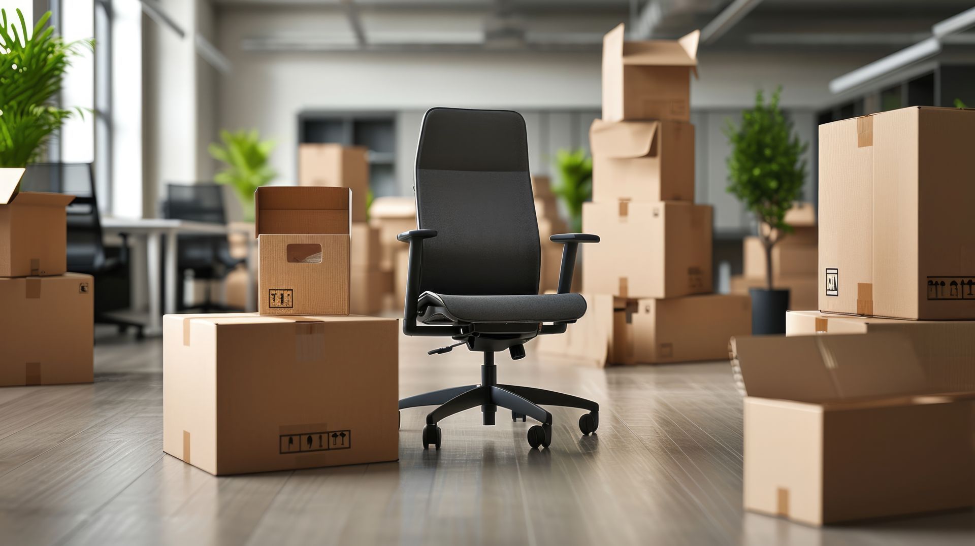 Chaise de bureau avec des cartons au milieu d'un espace professionnel