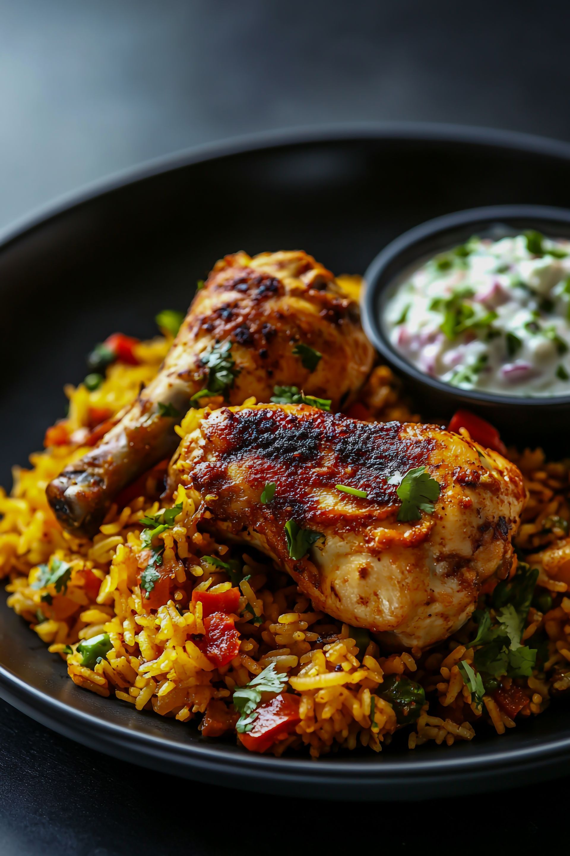 Une assiette de riz contenant des ailes de poulet