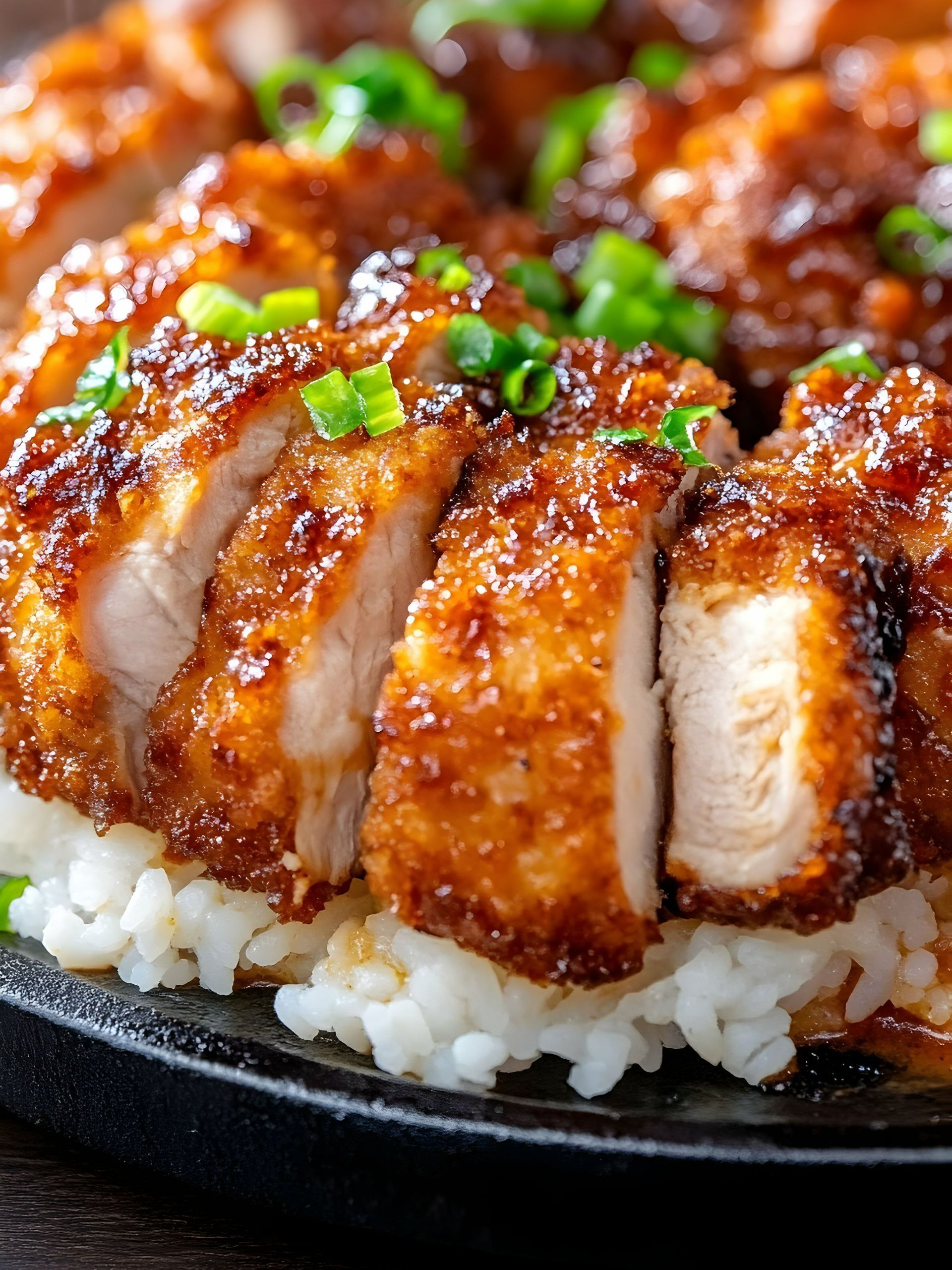 Un plat de riz avec du poulet croustillant et de la ciboulette