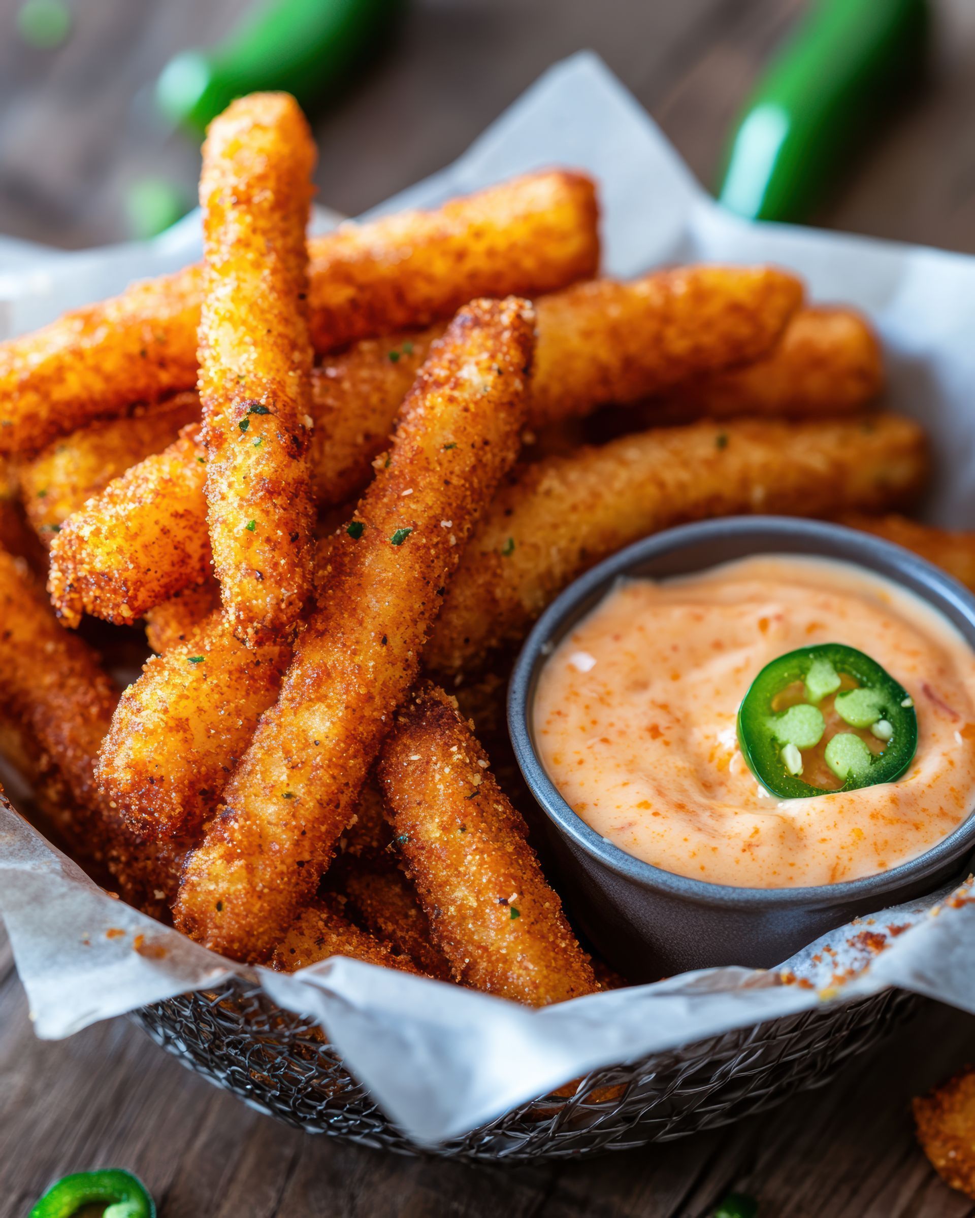 Des batonnets de chili chesse et une sauce