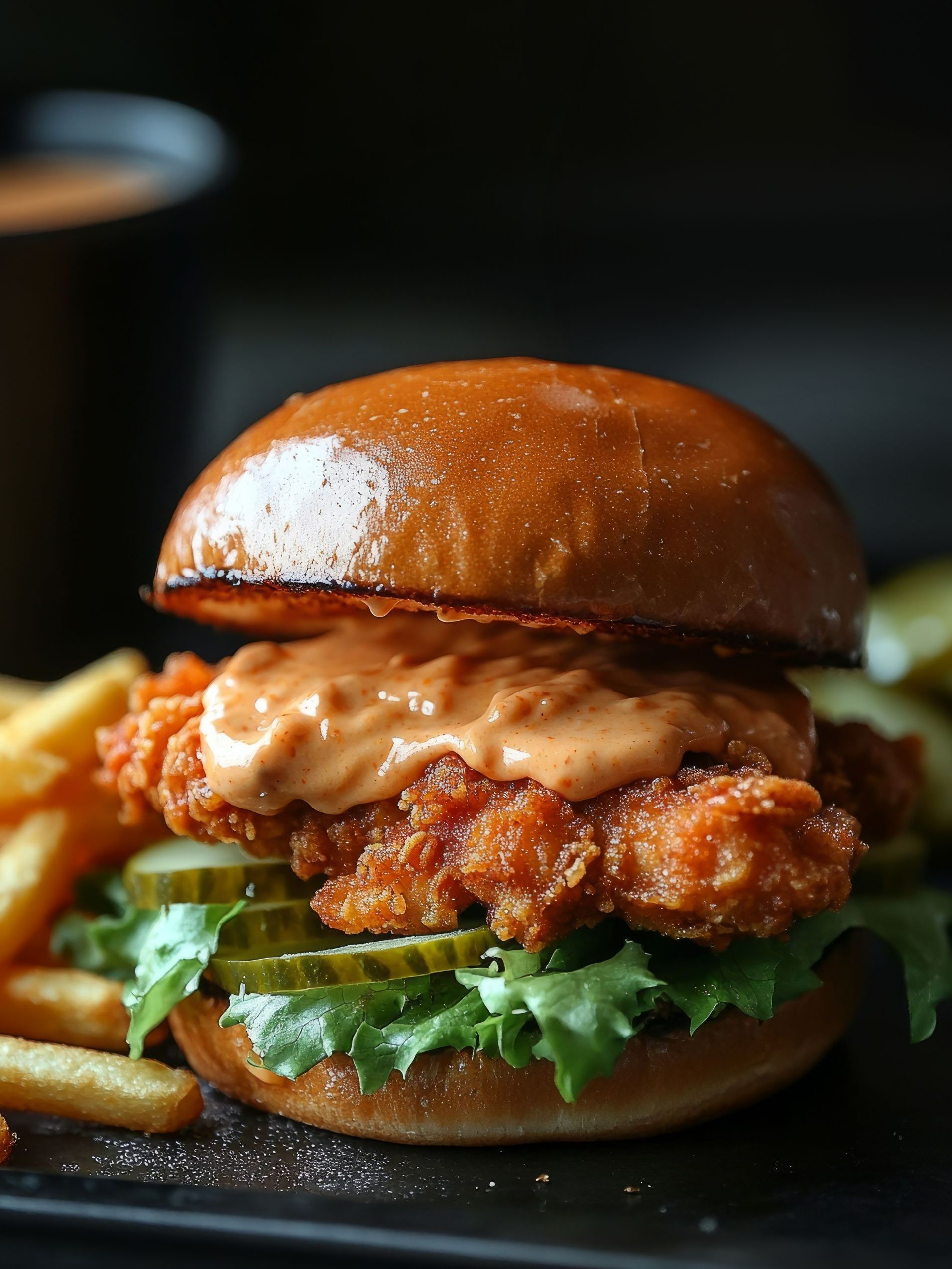 Un burger au poulet avec des concombres