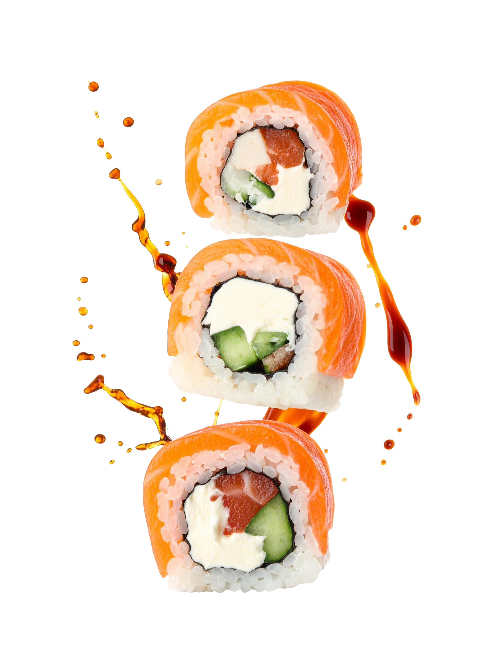 Trois makis de saumon en train de tomber