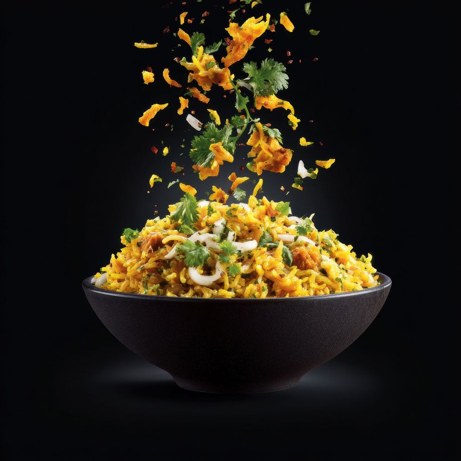 Un bol de riz épicé avec du riz tombant dedans