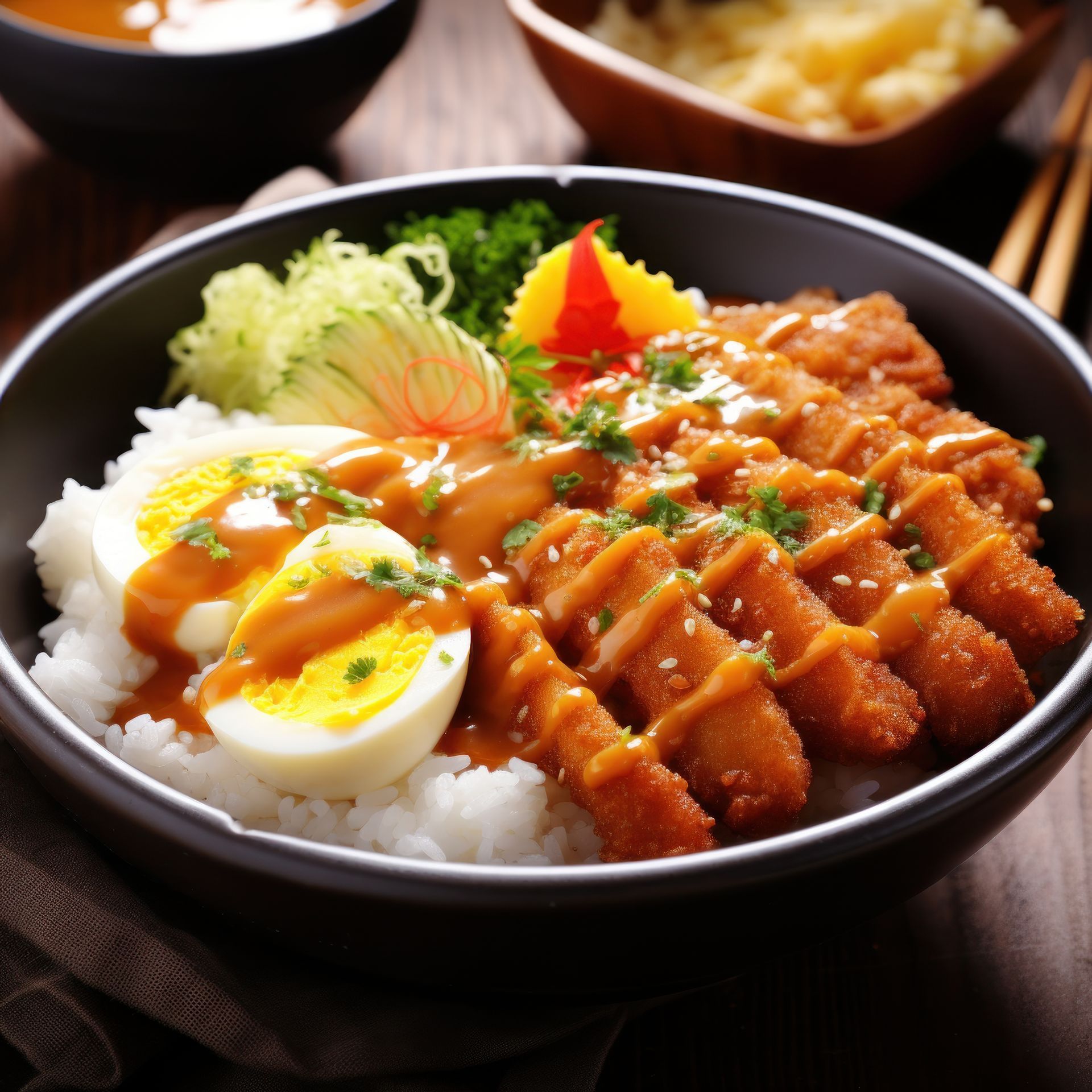 Un bowl de poulet frit avec riz et oeuf dur