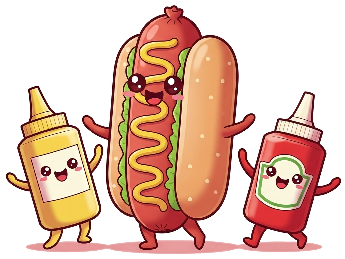 Dessin d'un hot-dog, d'une bouteille de mayonnaise et d'une bouteille de ketchup