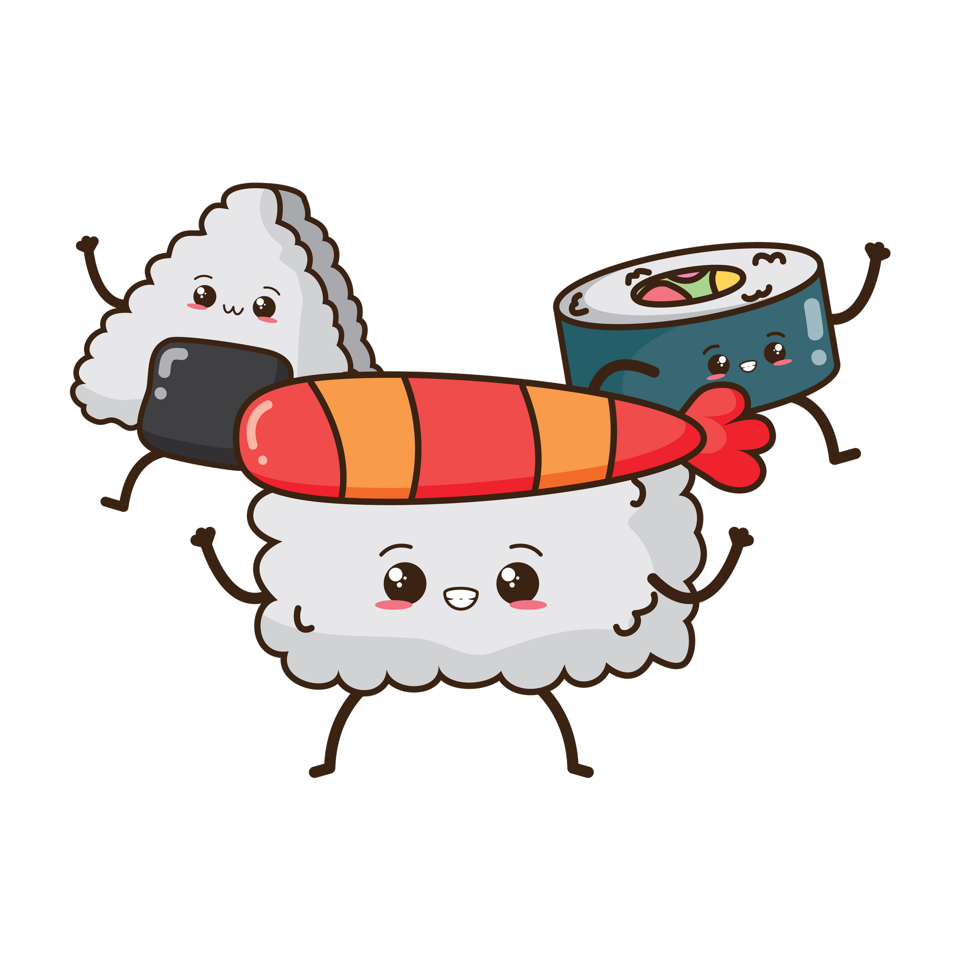 Un dessin avec un onigiri, un maki et un shshi