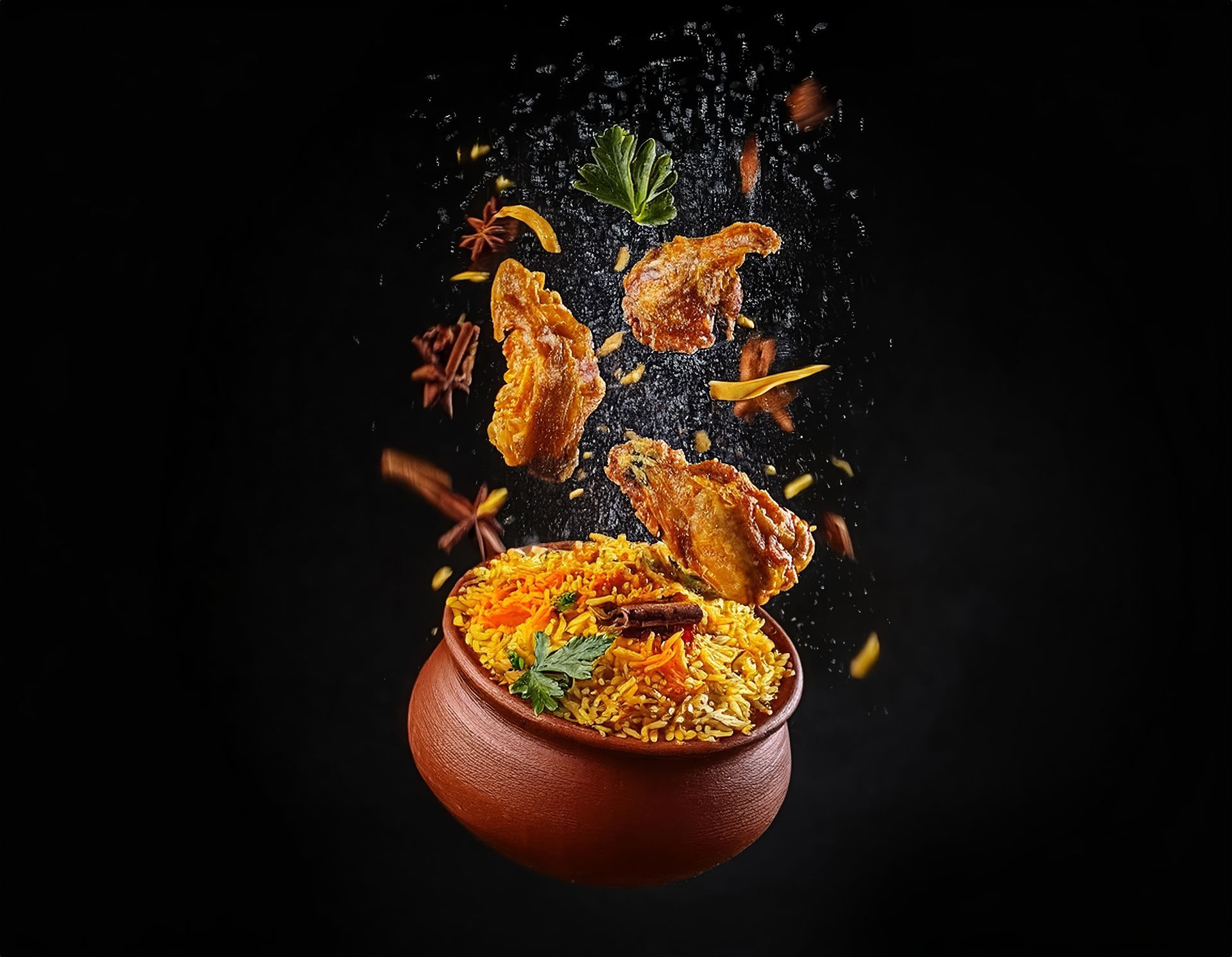 Un plat volant de biryani au poulet sur fond noir