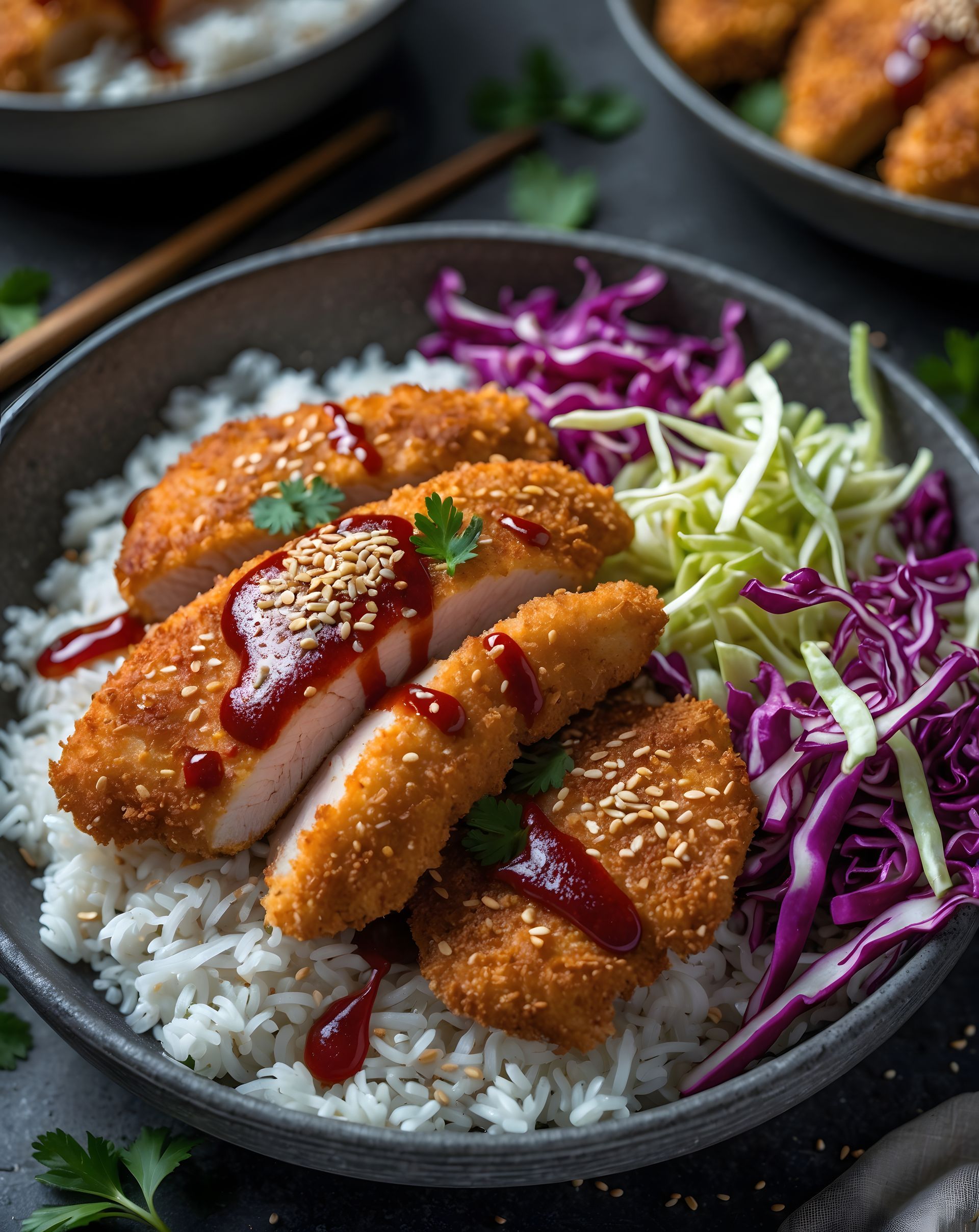 Du poulet pané et des légumes dans un bol de riz 