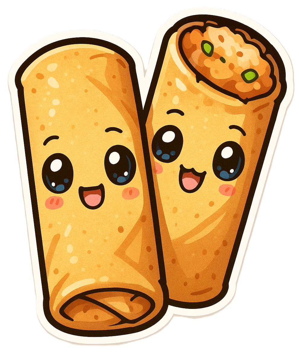 Dessin de deux nems aux poulets avec des yeux et un sourire