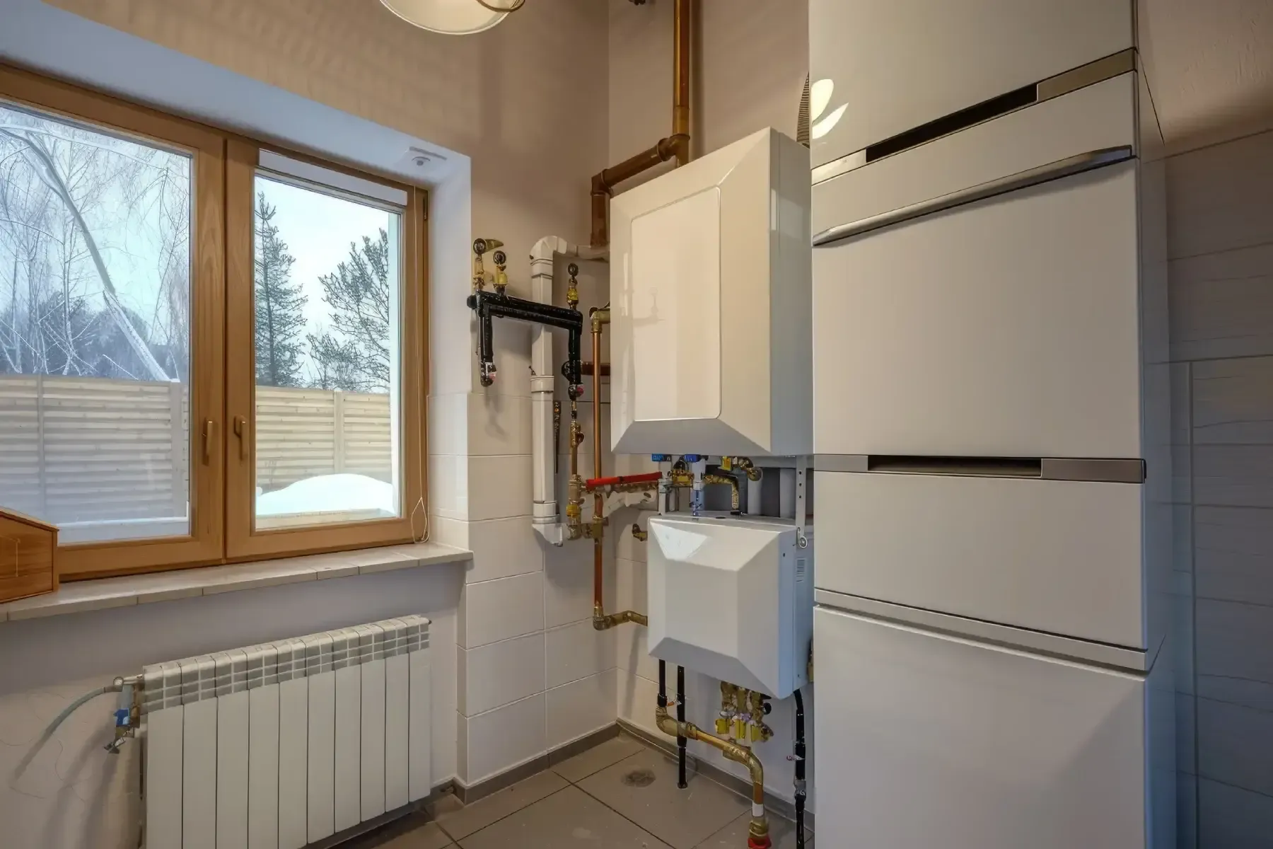 Cuarto de servicio con caldera blanca, radiador, ventana y armarios de almacenamiento.