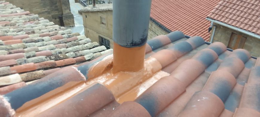 Techo de tejas rojas con marcos de ventanas de color verde azulado.