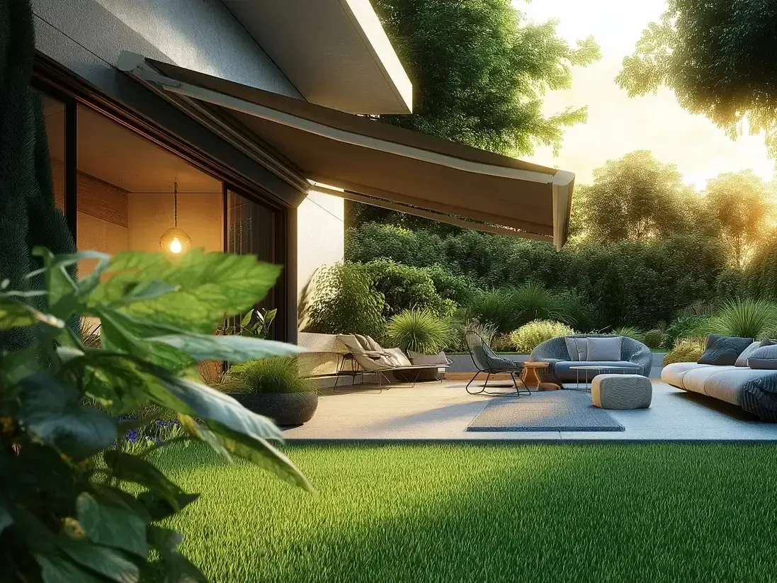Eine künstlerische Darstellung eines Hinterhofs mit Terrasse und Markise.