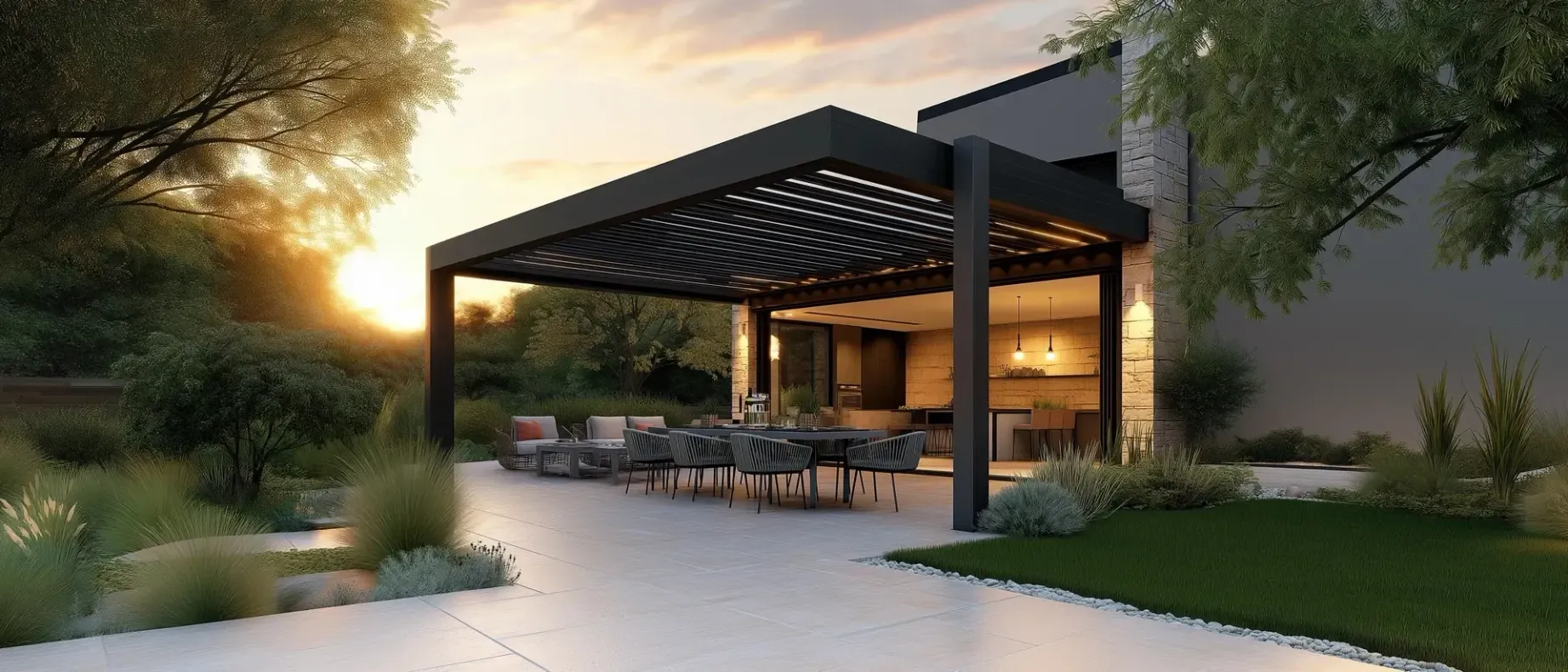 Eine Terrasse mit einer Pergola und einem Tisch und Stühlen darunter.
