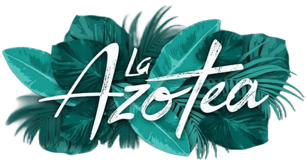 Logotipo de "La Azotea" en letras blancas sobre hojas tropicales color verde azulado.