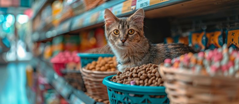 Vers page Chiens et chats Allée d'un supermarché avec des étagères remplies de produits alimentaires, arrière-plan flou et deux personnes qui marchent.