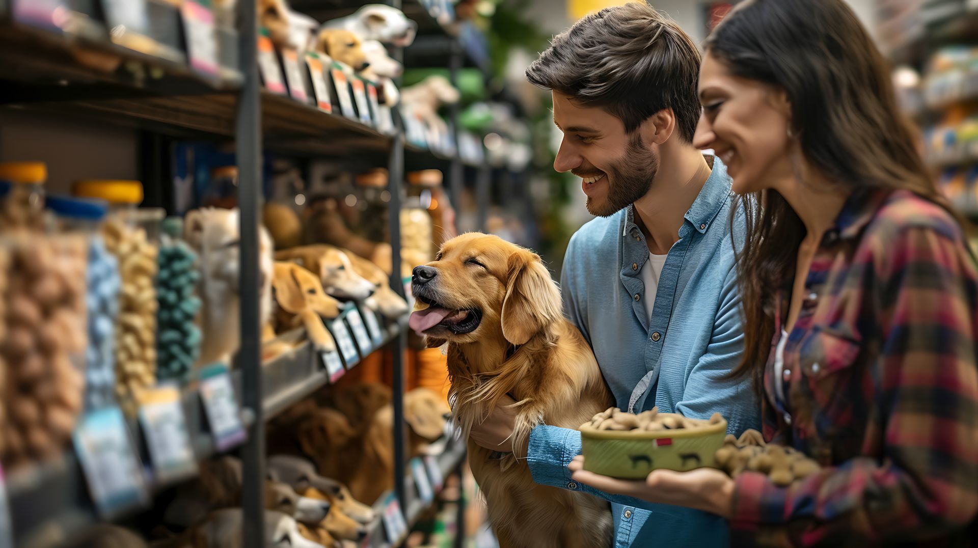 Un couple avec son chien fait ses courses dans un magasin. Ils sourient en regardant les produits ; on aperçoit des rayons en arrière-plan.