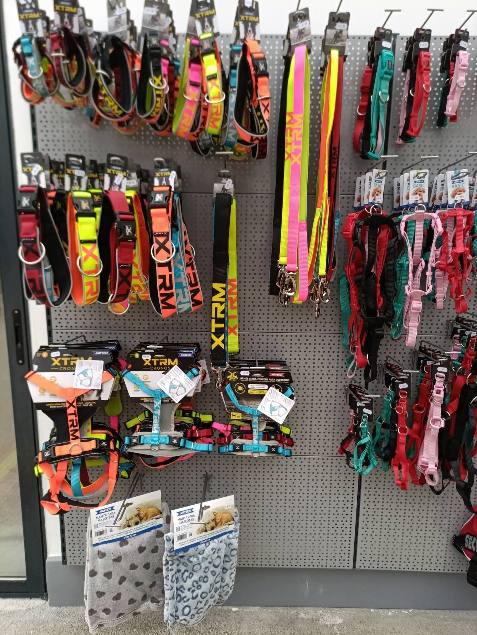 Colliers et laisses pour chiens de différentes couleurs suspendus à un présentoir dans une animalerie.