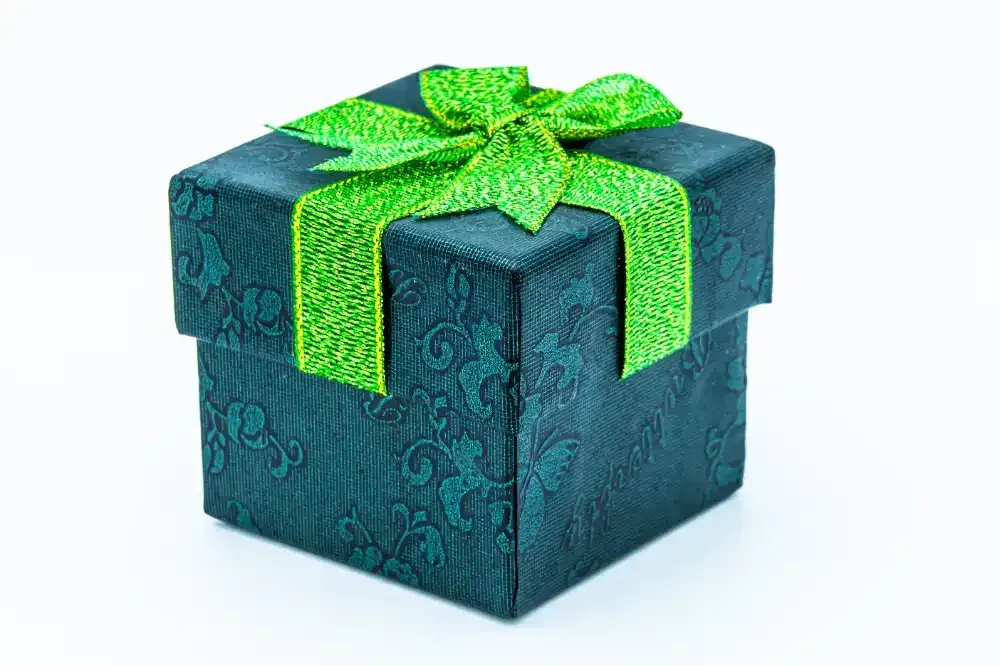A green gift box with a green bow on a white background.